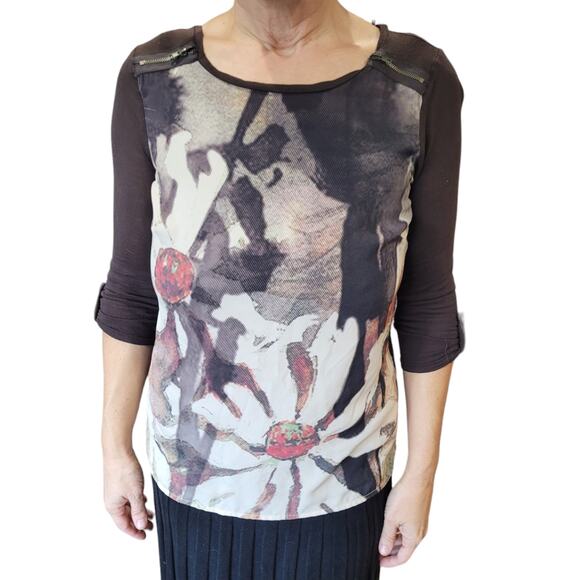 Monteau LA Sheer Art Floral Top M Mixed Media Zipper Shoulder Blouse Mallcore - Picture 1 of 9